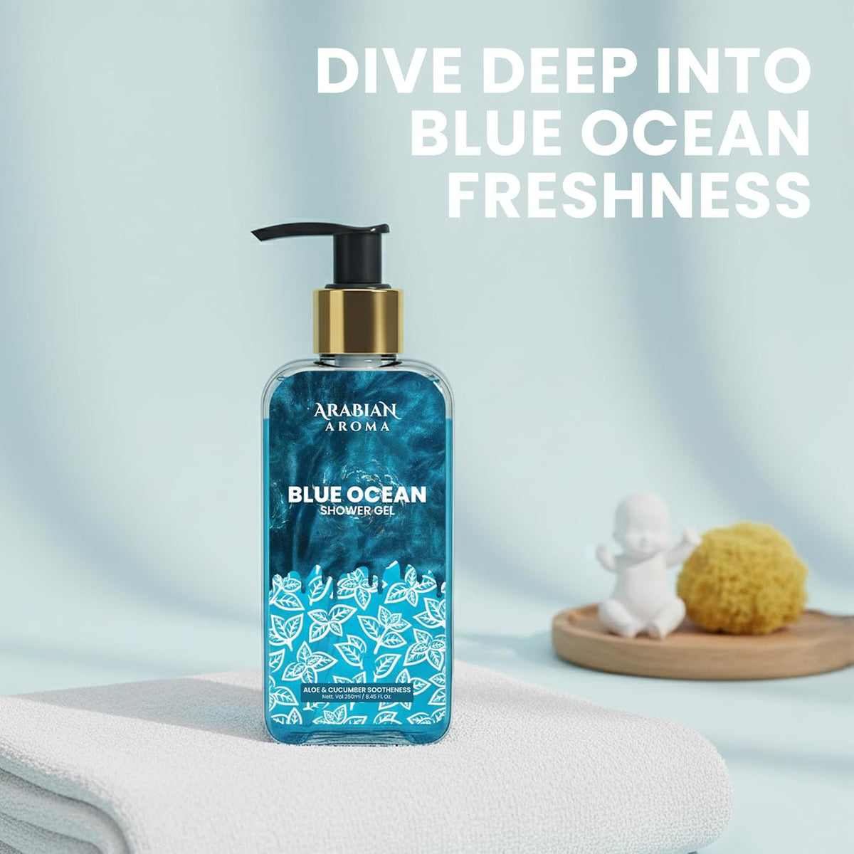 Bottle of Blue Ocean shower gel with text 'Dive Deep into Blue Ocean Freshness' on a light blue background.