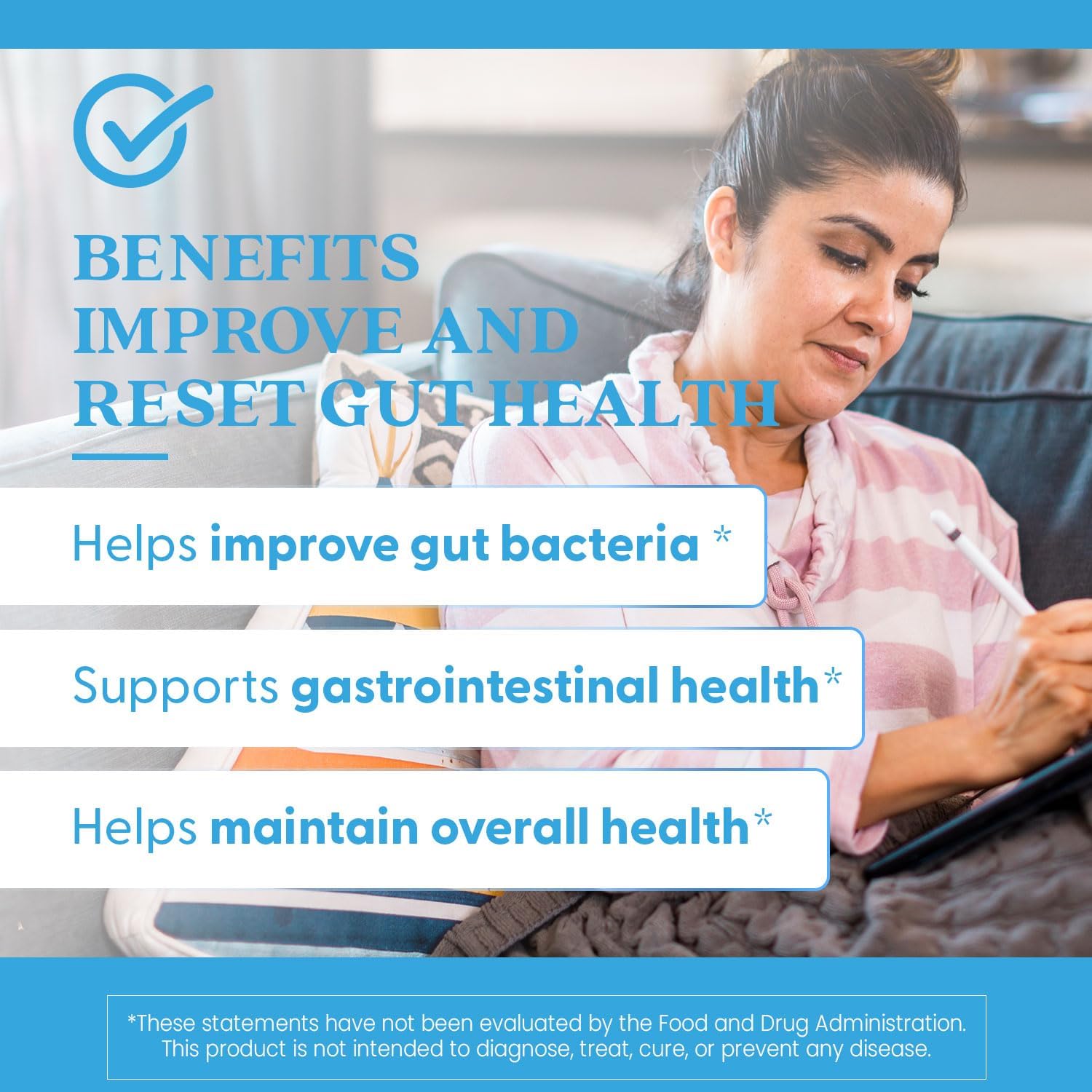 Woman sitting on a couch with text about gut health benefits