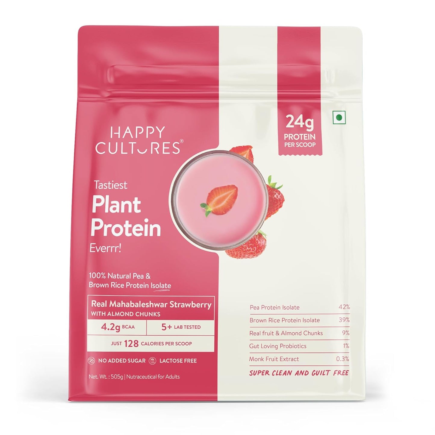 Happy Cultures Plant Protein 505g - Strawberry & Almond | 24g Protein | Vegan | Pea & Brown Rice Protein | No Added Sugar | Dairy Free | Probiotics | Easy Digestion | For Men & Women