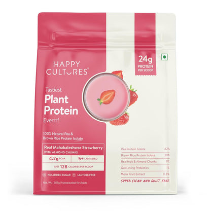 Happy Cultures Plant Protein 505g - Strawberry & Almond | 24g Protein | Vegan | Pea & Brown Rice Protein | No Added Sugar | Dairy Free | Probiotics | Easy Digestion | For Men & Women