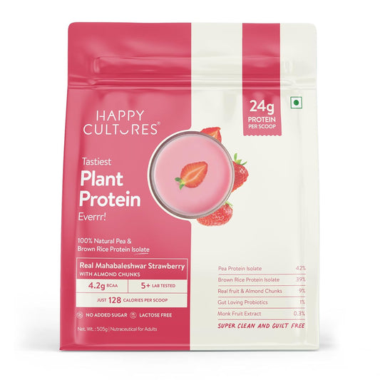 Happy Cultures Plant Protein 505g - Strawberry & Almond | 24g Protein | Vegan | Pea & Brown Rice Protein | No Added Sugar | Dairy Free | Probiotics | Easy Digestion | For Men & Women