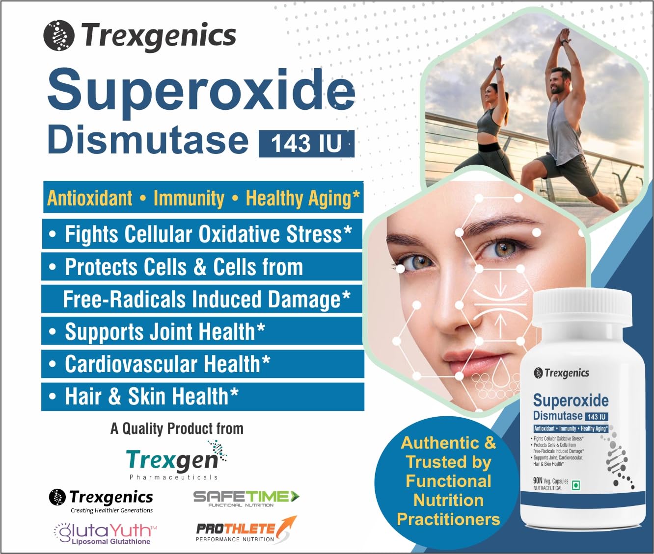 Trexgenics Superoxide Dismutase supplement advertisement with product and health benefits listed.