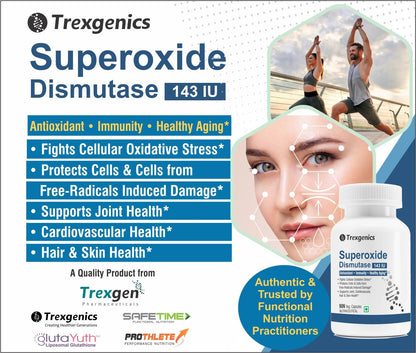 Trexgenics Superoxide Dismutase supplement advertisement with product and health benefits listed.