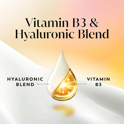 Diagram showing a droplet with hyaluronic blend and vitamin B3 on a gradient background