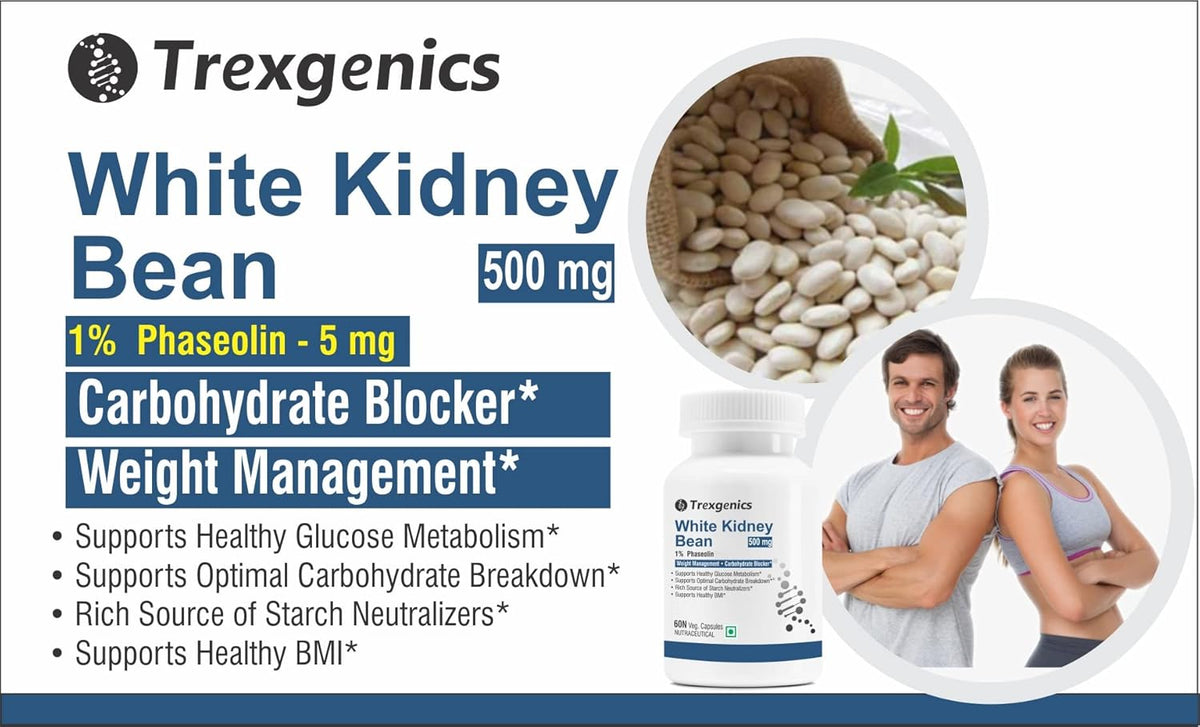 Trexgenics White Kidney Bean supplement packaging with images of beans and a couple, featuring text about health benefits.