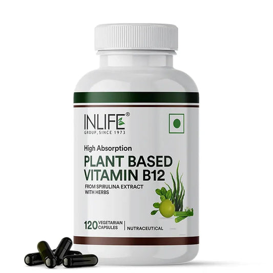 INLIFE Plant Based Vitamin B12 Supplements for Men & Women | Supports Nerve Health & Brain Health | Superfood Formula | B12 from Spirulina Extract - 120 Vegetarian Capsules (Pack of 1, 120)