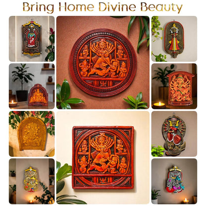 Maa Durga Wall Hanging Terracotta Idol Murti | Sherawali Devi MATA Hand-Painted Spiritual Wall Hanging Art Decor for Home Temple, Mandir, Living & Office Decor | Spiritual Gifts (15x15 CM)