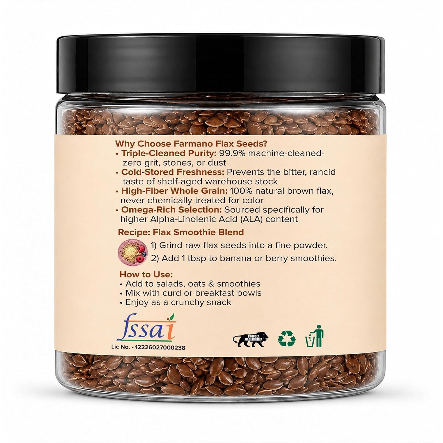 Farmano Raw Flax Seeds | Omega-3 & High Fiber | Premium Quality | 200g | Raw Alsi Seeds Unroasted, Omega 3 & Fibre Rich, Heart Health & Digestion Support, Weight Management, 100% Natural