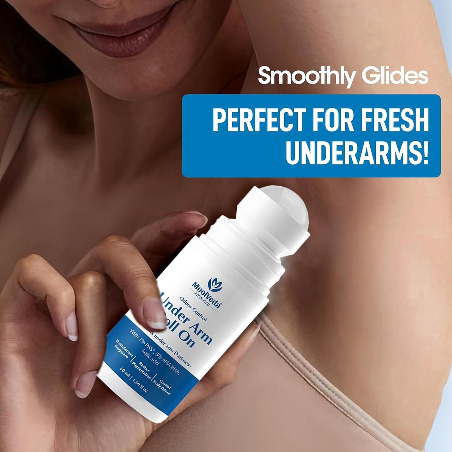 Woman holding a roll-on deodorant with text 'Smoothly Glides Perfect for Fresh Underarms' on a blue background