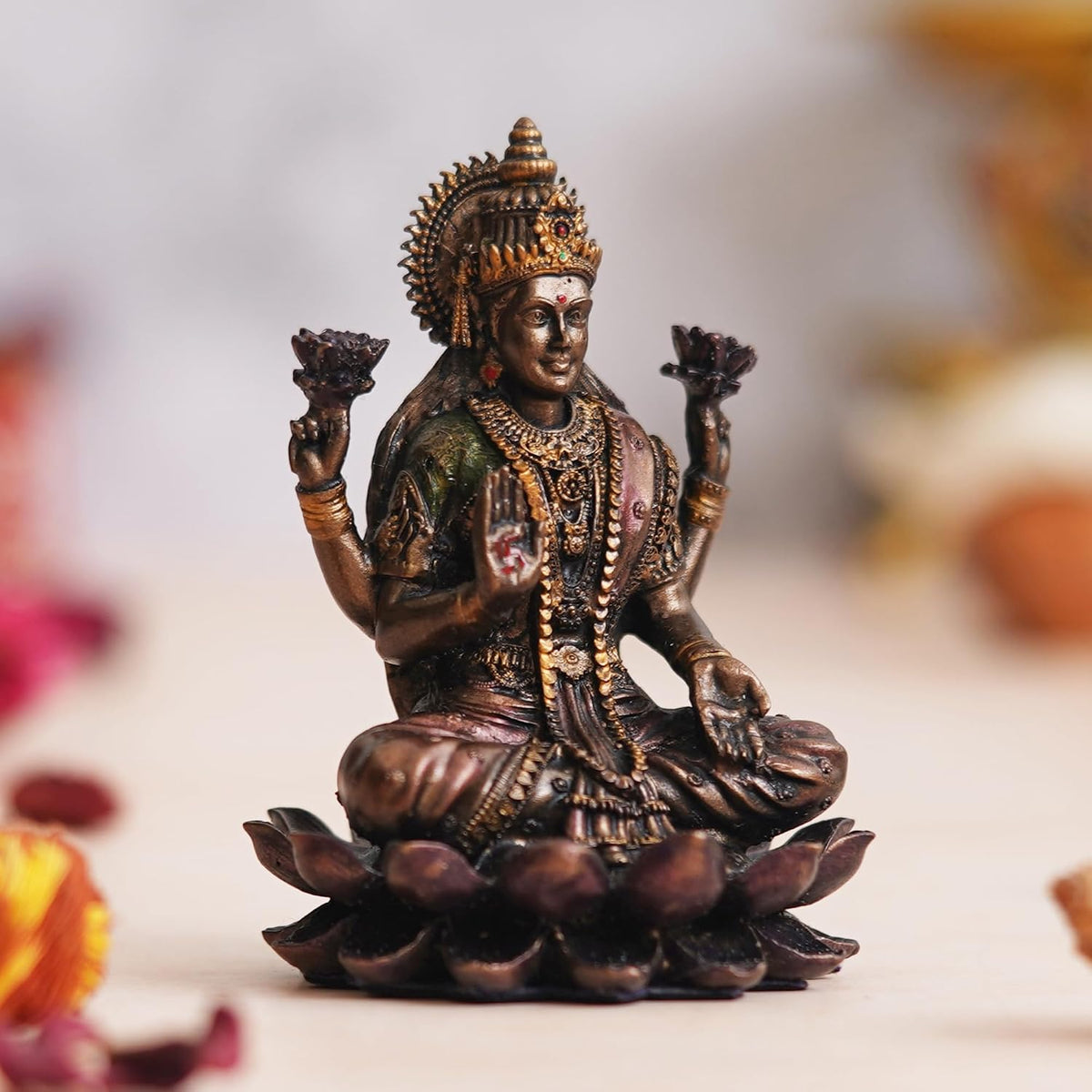 Brown Resin Handcrafted Goddess Laxmi Idol Sitting on Lotus| Blessing Lakshmi Statue| Goddess Lakshmi Devi Idol for Home Office| Laxmi Murti for Diwali Pooja| Diwali Gift