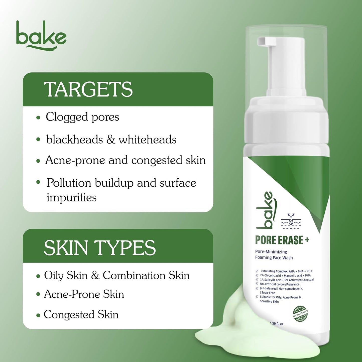 BAKE Pore Erase Foaming Face Wash with 2% Glycolic Acid, 1% Salicylic Acid & Mandelic Acid | Unclogs Pores, Reduces Blackheads & Whiteheads, Controls Sebum | For Oily, Acne Prone & Combination Skin – 100ml