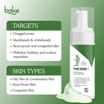 BAKE Pore Erase Foaming Face Wash with 2% Glycolic Acid, 1% Salicylic Acid & Mandelic Acid | Unclogs Pores, Reduces Blackheads & Whiteheads, Controls Sebum | For Oily, Acne Prone & Combination Skin – 100ml