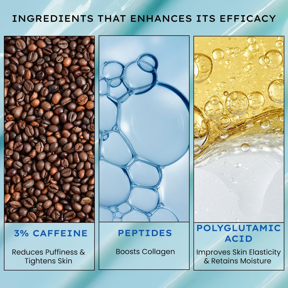 Ingredients for skincare with coffee beans, blue bubbles, and yellow liquid on a blue background.