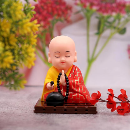Medium Solar Powered Sitting Buddha Statue - Shaking Head Buddha Monk Statue for Car Dashboard, Home & Office Health Wealth & Prosperity, Peaceful Meditation Ornament (1Pc-Red)