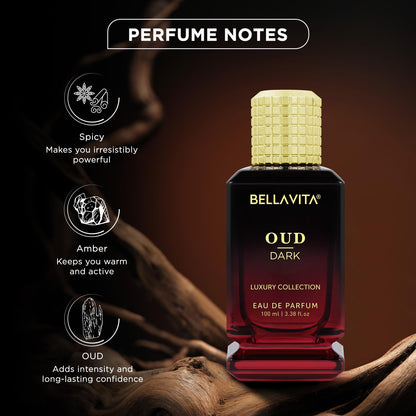 Bella Vita Oud Dark perfume bottle with notes on a dark background