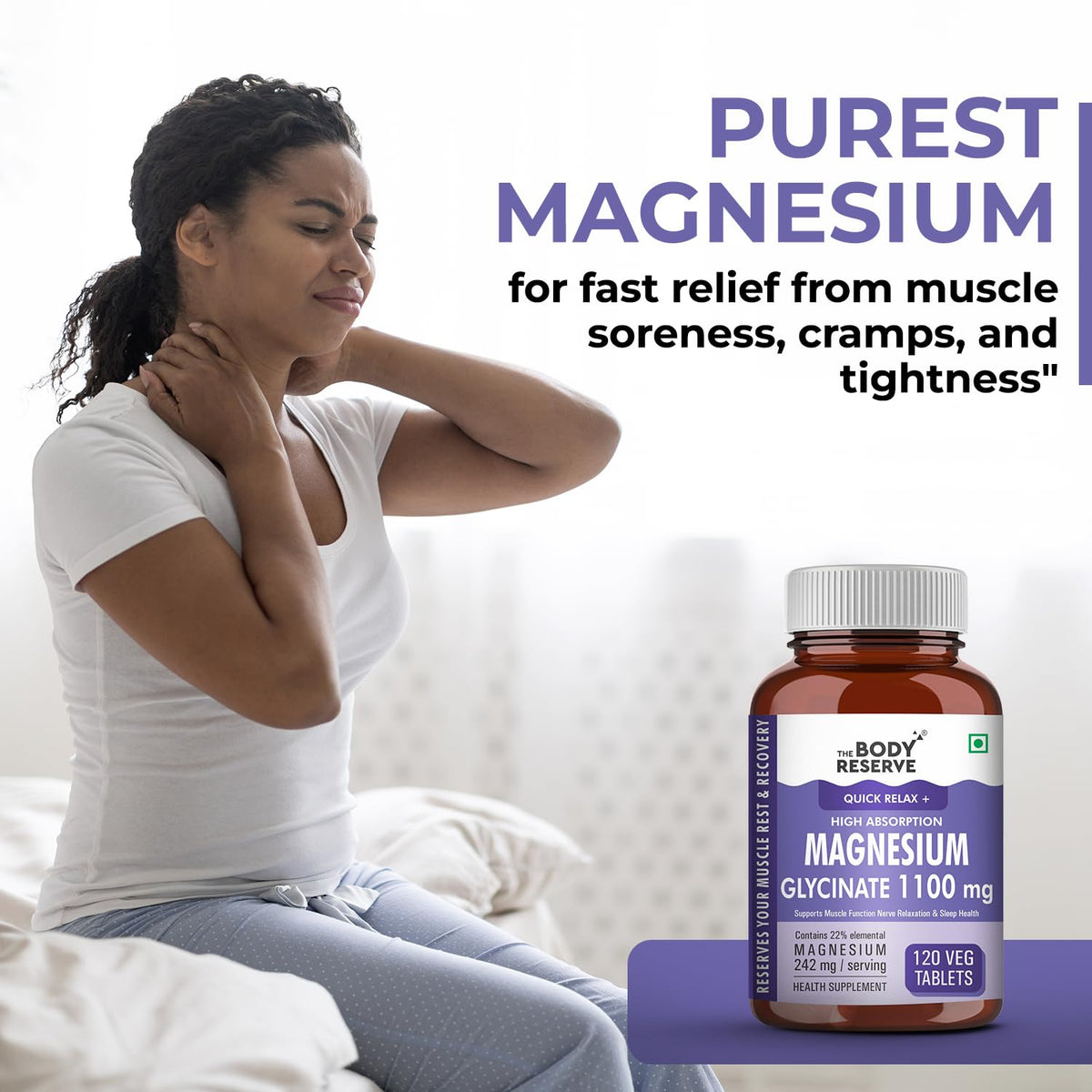 Woman experiencing muscle soreness with a bottle of The Body Reserve Magnesium supplement on a white background