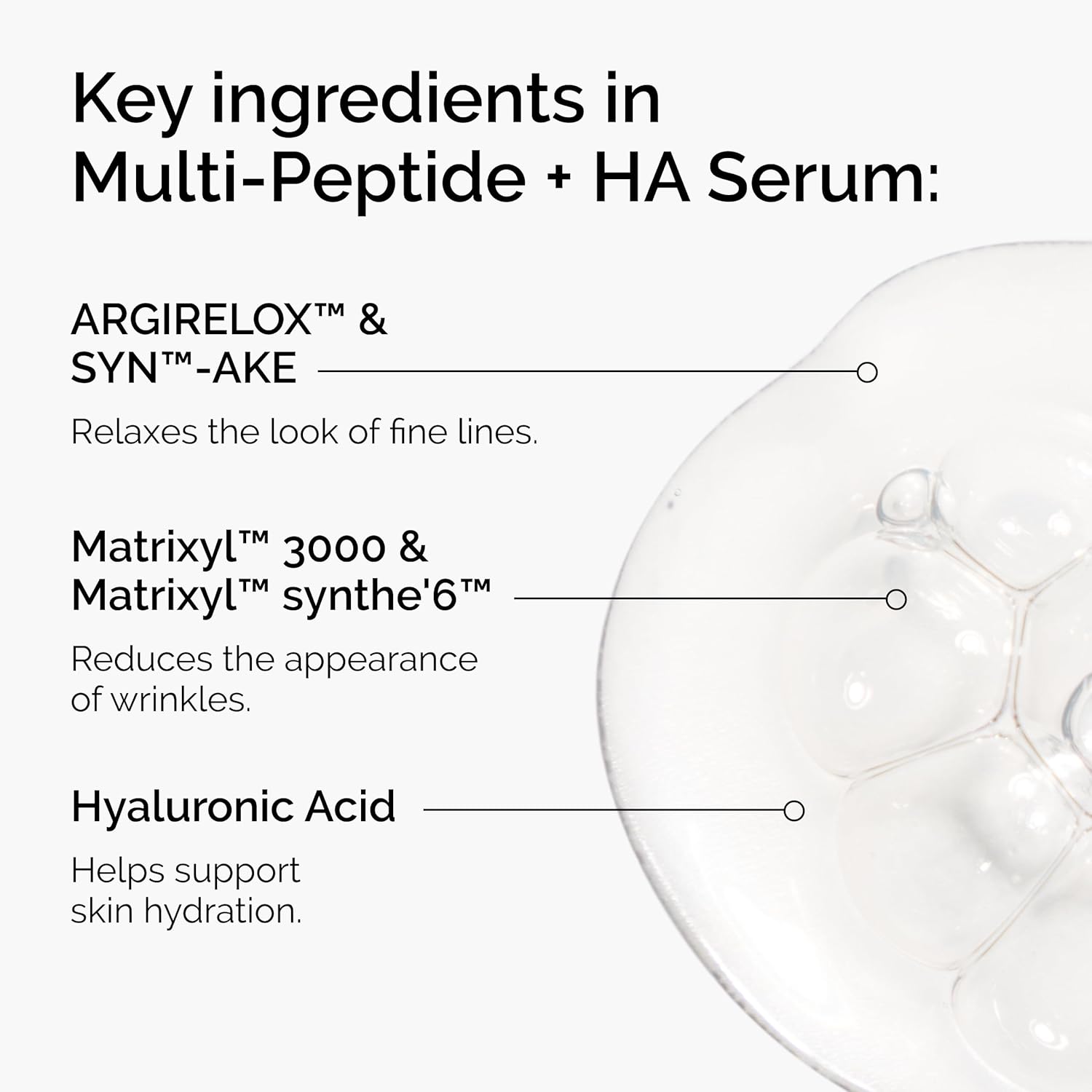 List of key ingredients in a Multi-Peptide + HA Serum with a close-up of the serum bottle.