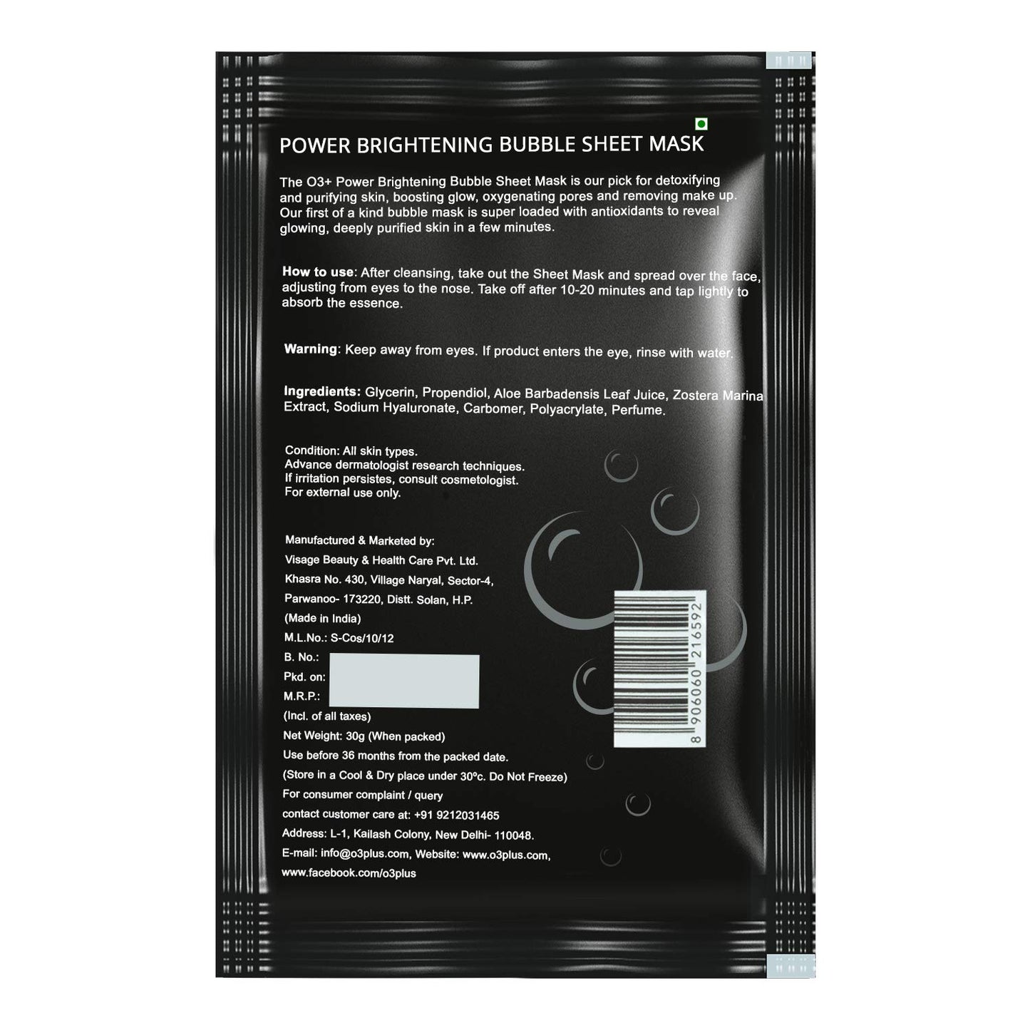 O3+ Power Brightening Bubble Sheet Mask for Deep cleansing and glowing skin (30gm,Pack of 1)
