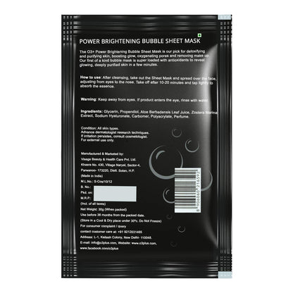 O3+ Power Brightening Bubble Sheet Mask for Deep cleansing and glowing skin (30gm,Pack of 1)