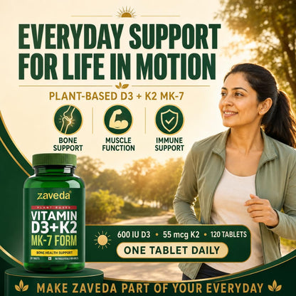 Zaveda Vitamin D3 K2 Supplement, 120 Veg Tablets Plant-Based D3 600 IU + K2 MK7, Supports Bone Strength, Calcium Absorption & Heart Health, Premium Daily Wellness