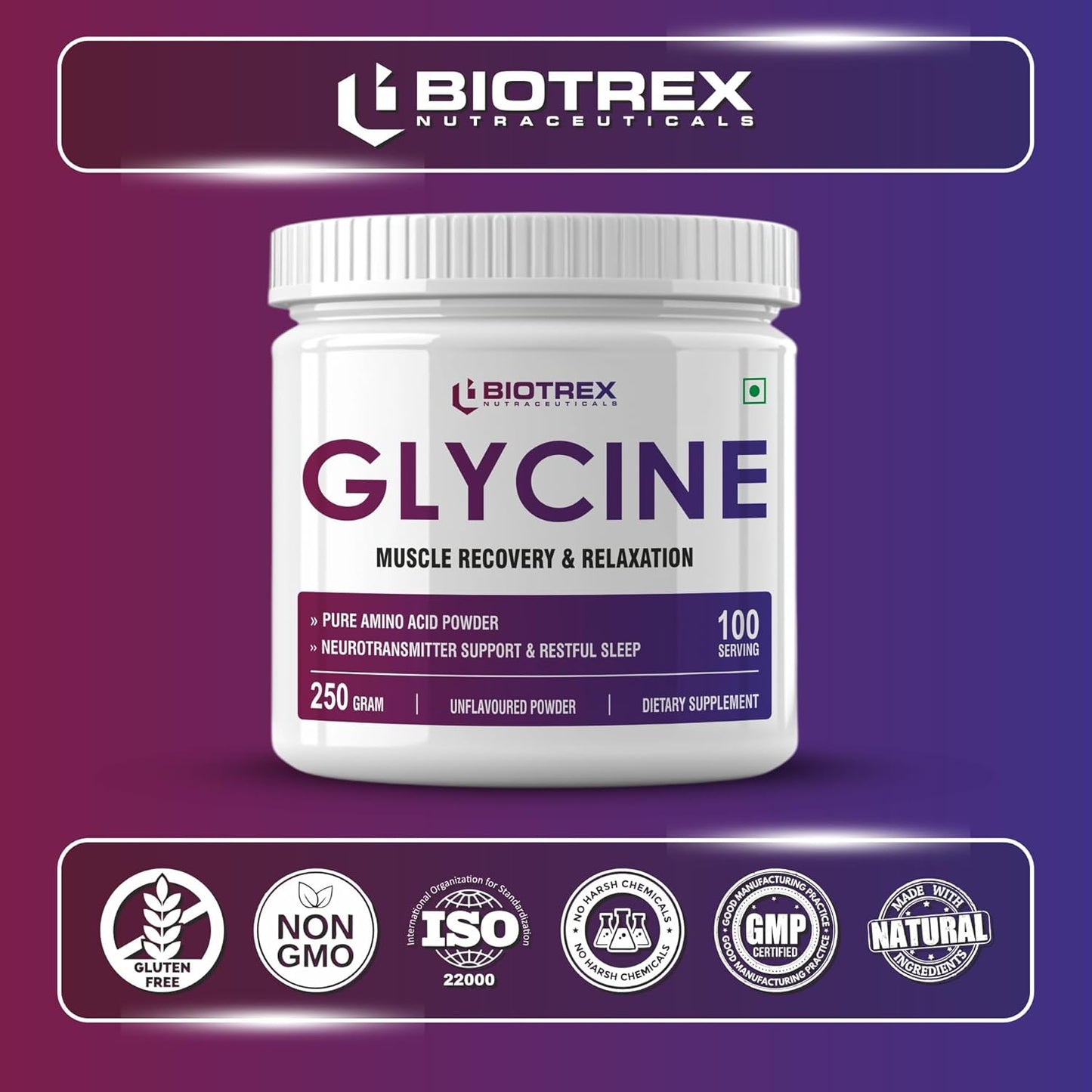 Biotrex Nutraceuticals Glycine Pure Amino Acid Powder | Muscle Recovery & Relaxation | Neurotransmitter Support & Restful Sleep | Enhances Energy & Strength | Unflavoured, Gluten Free - 250 gram (100 Servings)