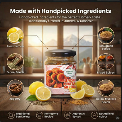Pahadi Tales Lemon Pickle 250g | Nimbu Khatta Meetha Achar | No Oil, Made with Gurh (Jaggery) | Sundried Homestyle Pahadi Achaar | Ghar Ka Achar | Made in Jammu & Kashmir