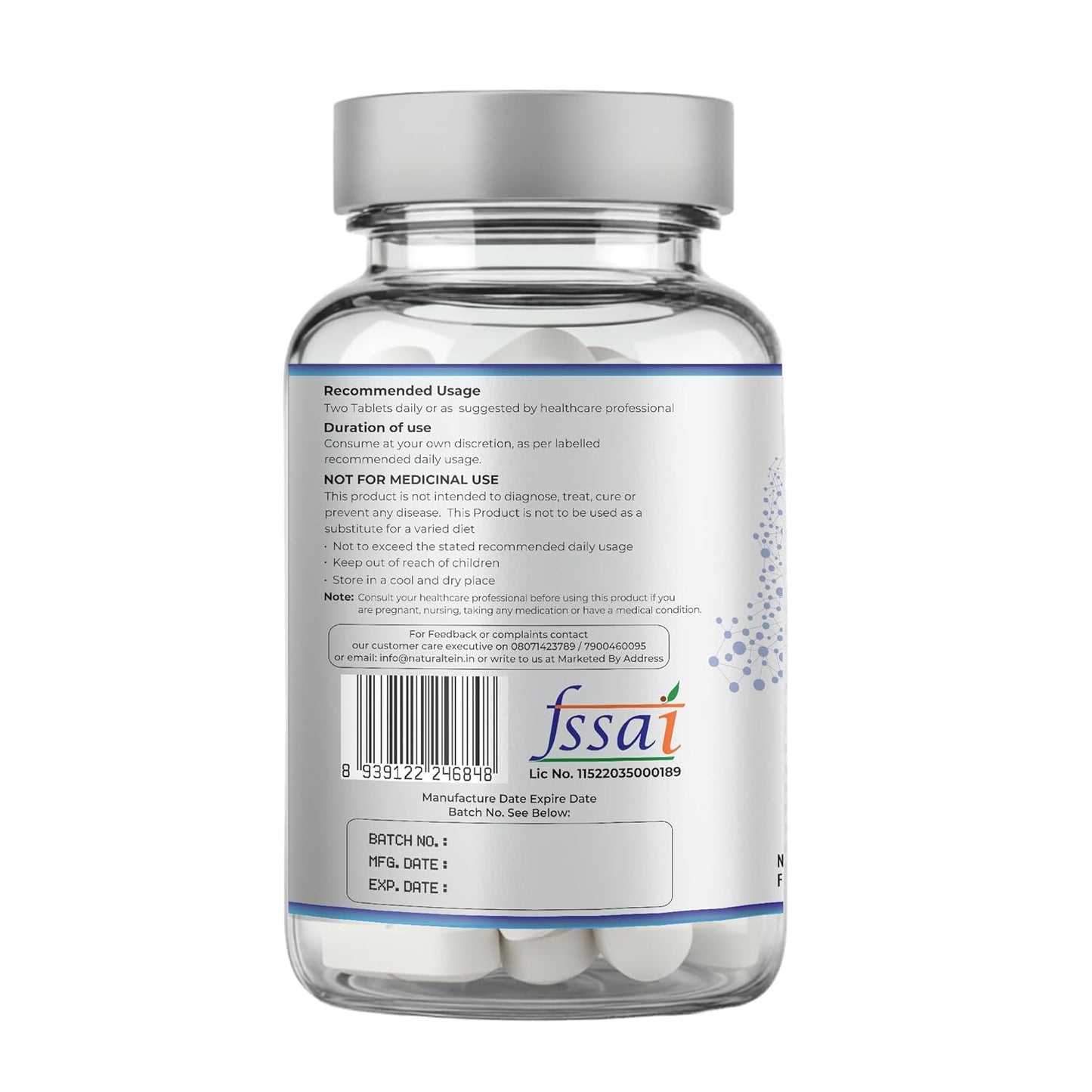 Clear supplement bottle with label on a white background