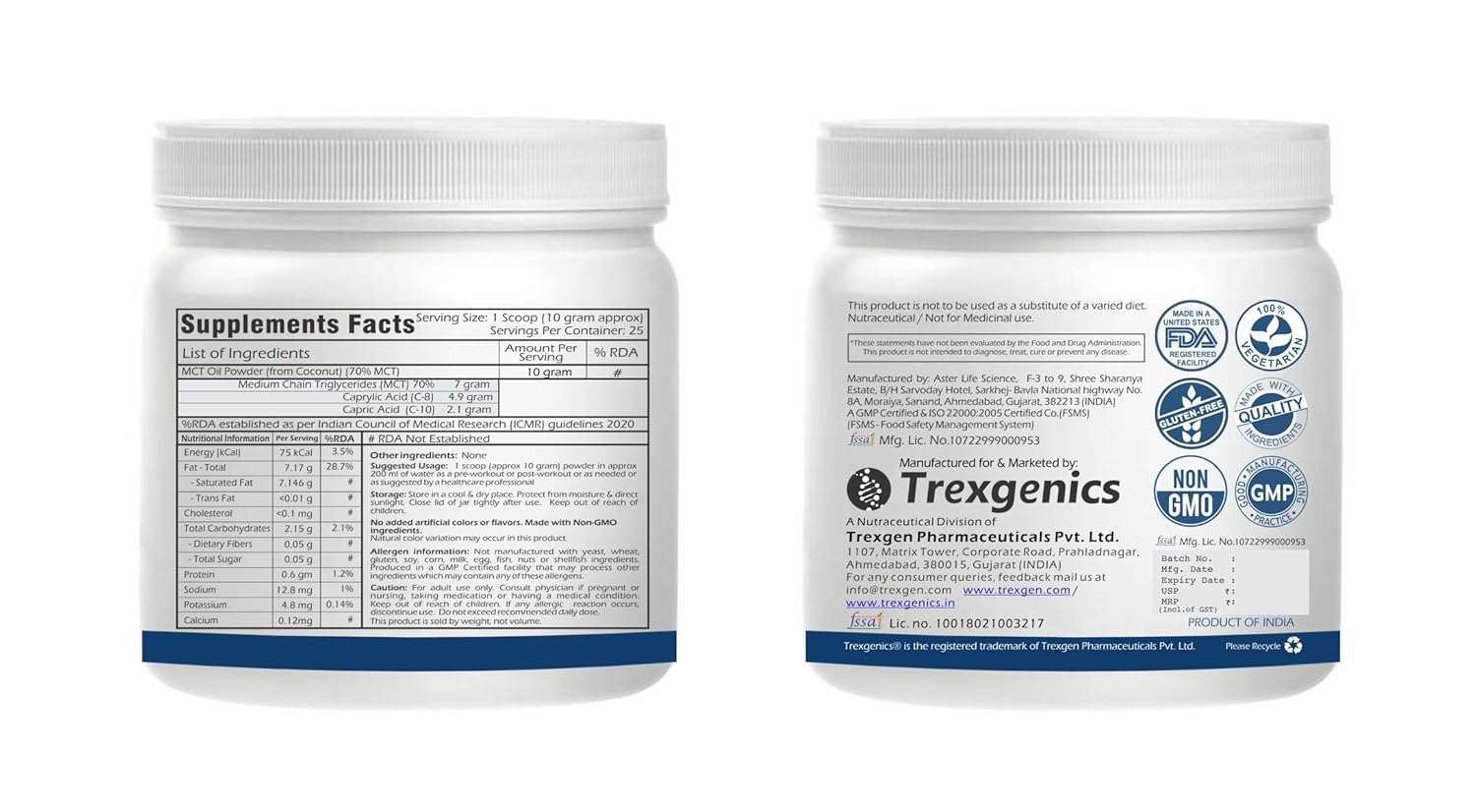 Two containers of Trexigenics supplements with labels on a white background