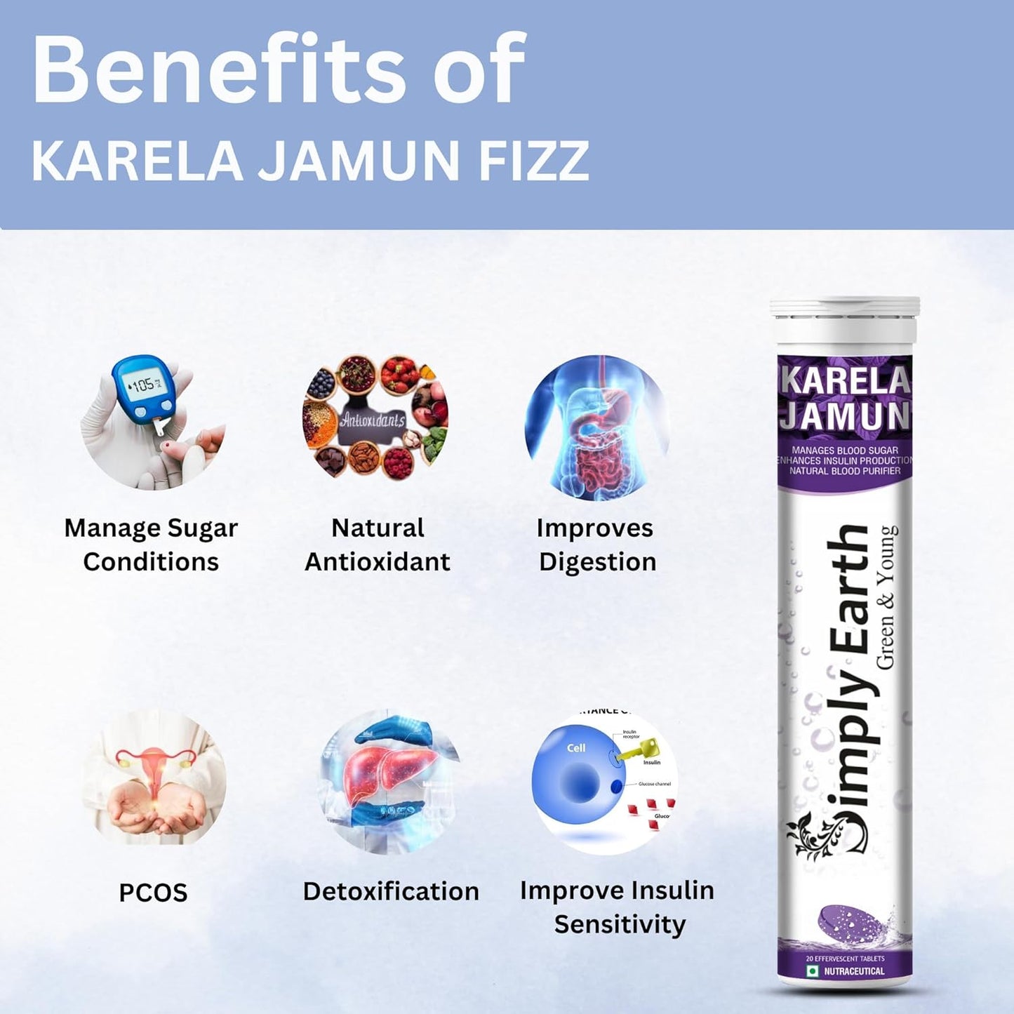 Simply Earth Karela Jamun Fizz Effervescent (Karela Jamun Juice)| Helps in High Sugar Conditions | Herbal Diabetes Management| Boosts Digestive Health| - 40 Effervescent Tablets