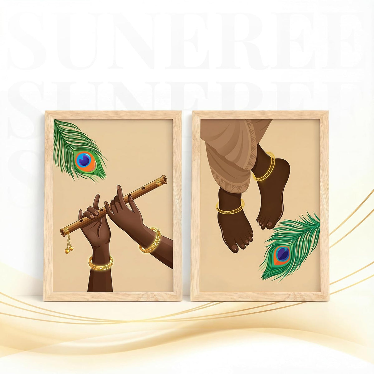 Krishna Flute Hands Charan Feet Wall Art Painting | Set of 2 Framed Paintings | Spiritual Decor for Living Room Mandir Pooja Room Bedroom | (ART 6, 13x19 INCHES)
