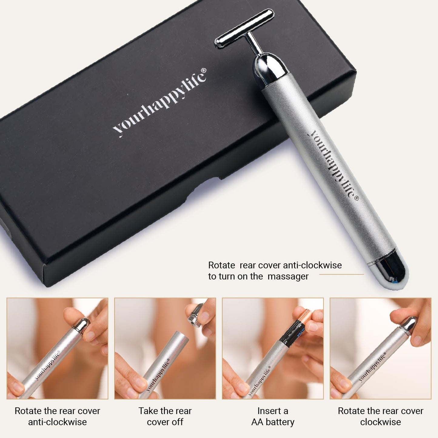 YourHappyLife Sculpt Face Roller T-Shaped electric (Battery Operated) Dermateq Silver Coated | Anti Wrinkle Massager for Forehead, Eye, Neck & Collar Bone (Silver Colour) | Skin Elasticity, De-Puff.