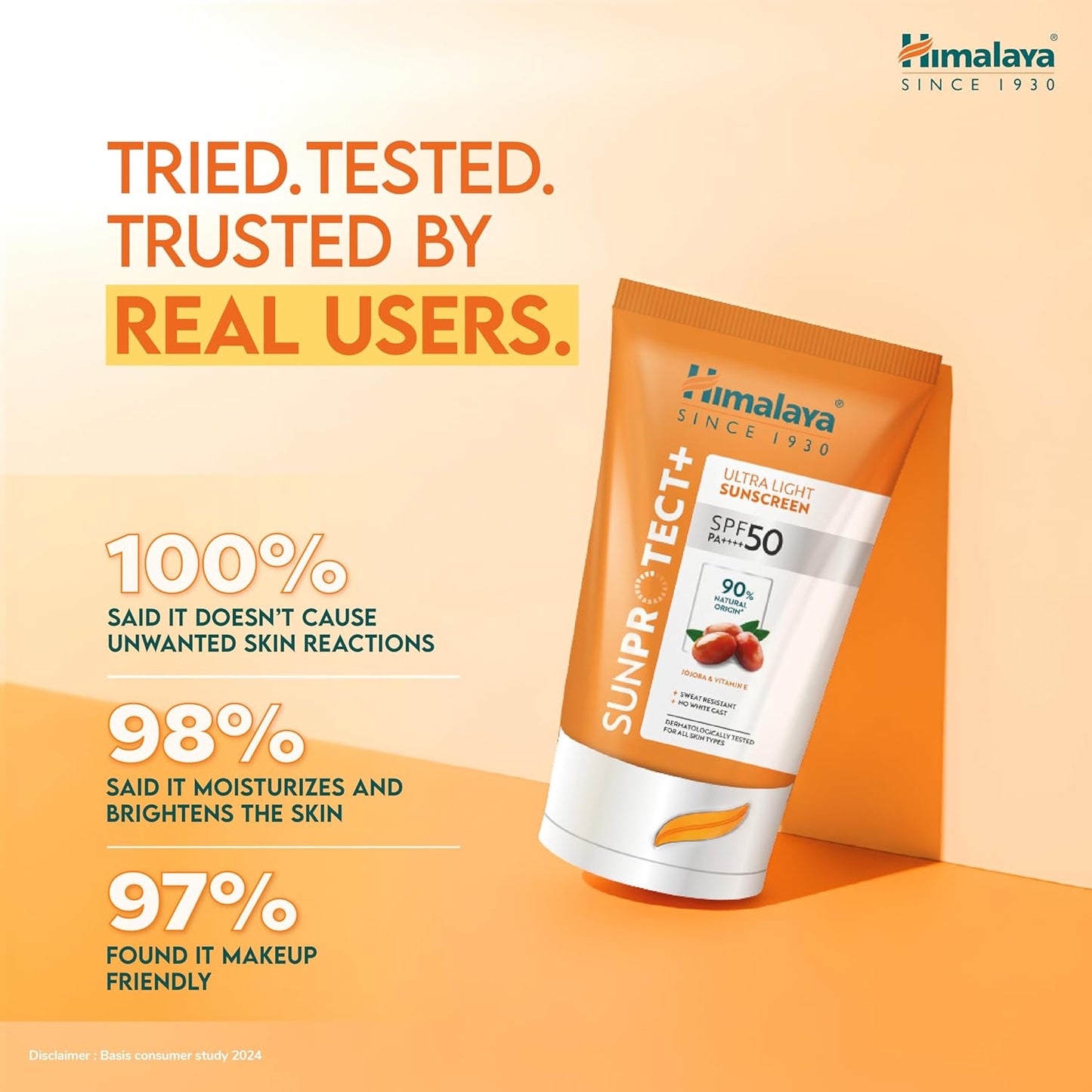 Himalaya Sunprotect+ sunscreen tube with user feedback on an orange background