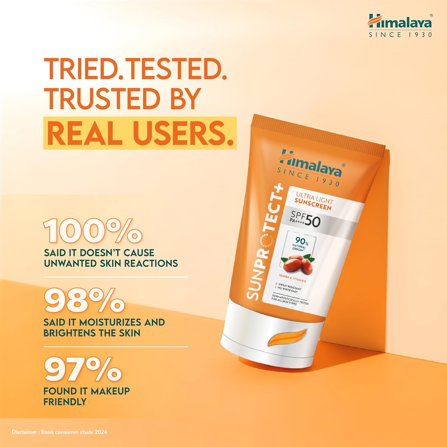 Himalaya Sunprotect+ sunscreen tube with user feedback on an orange background