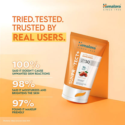 Himalaya Sunprotect+ sunscreen tube with user feedback on an orange background