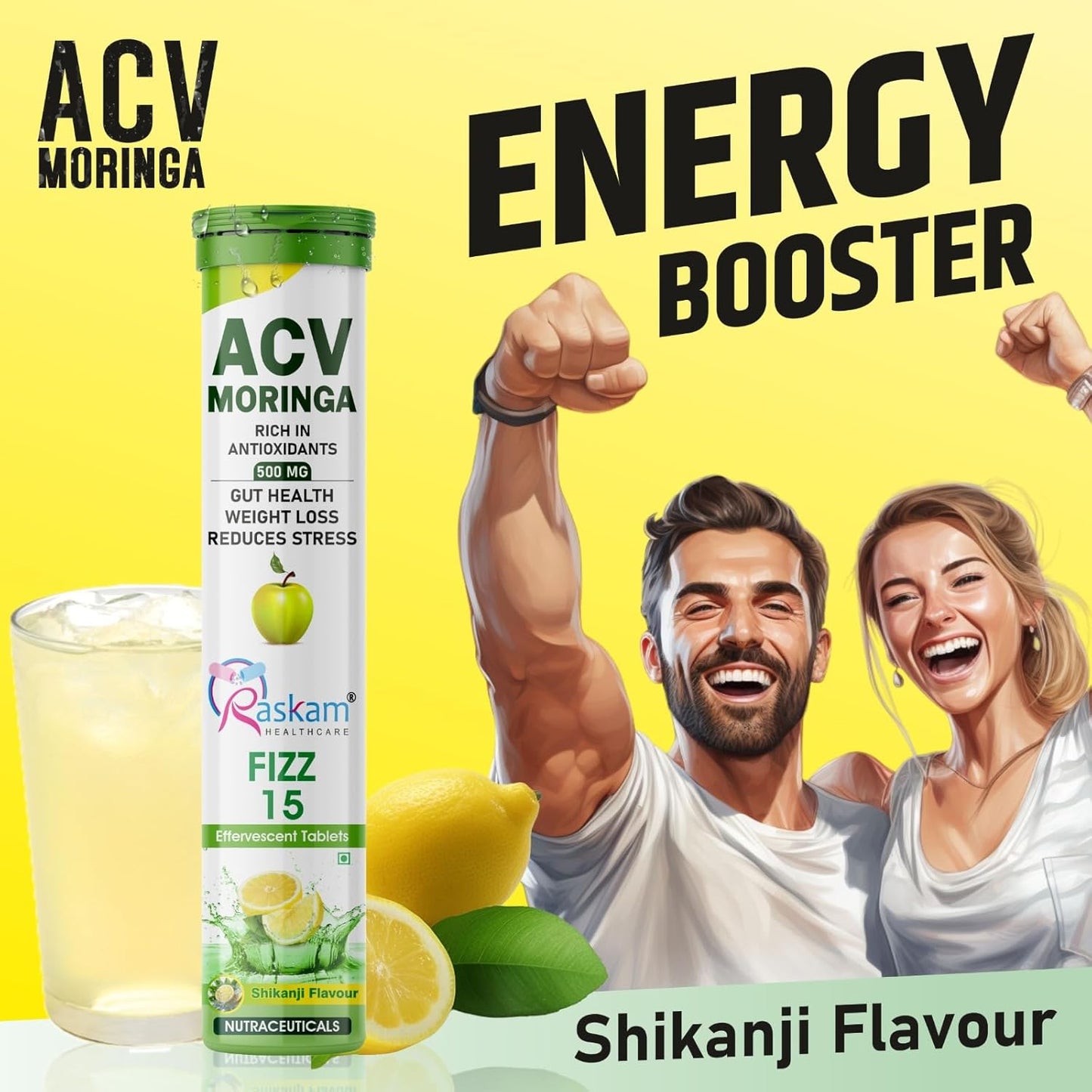 ACV Moringa Effervescent Tablets | 15 Tablets, 500mg Natural Energy & Immunity Booster with Antioxidants (Shikanji) Pack of 1