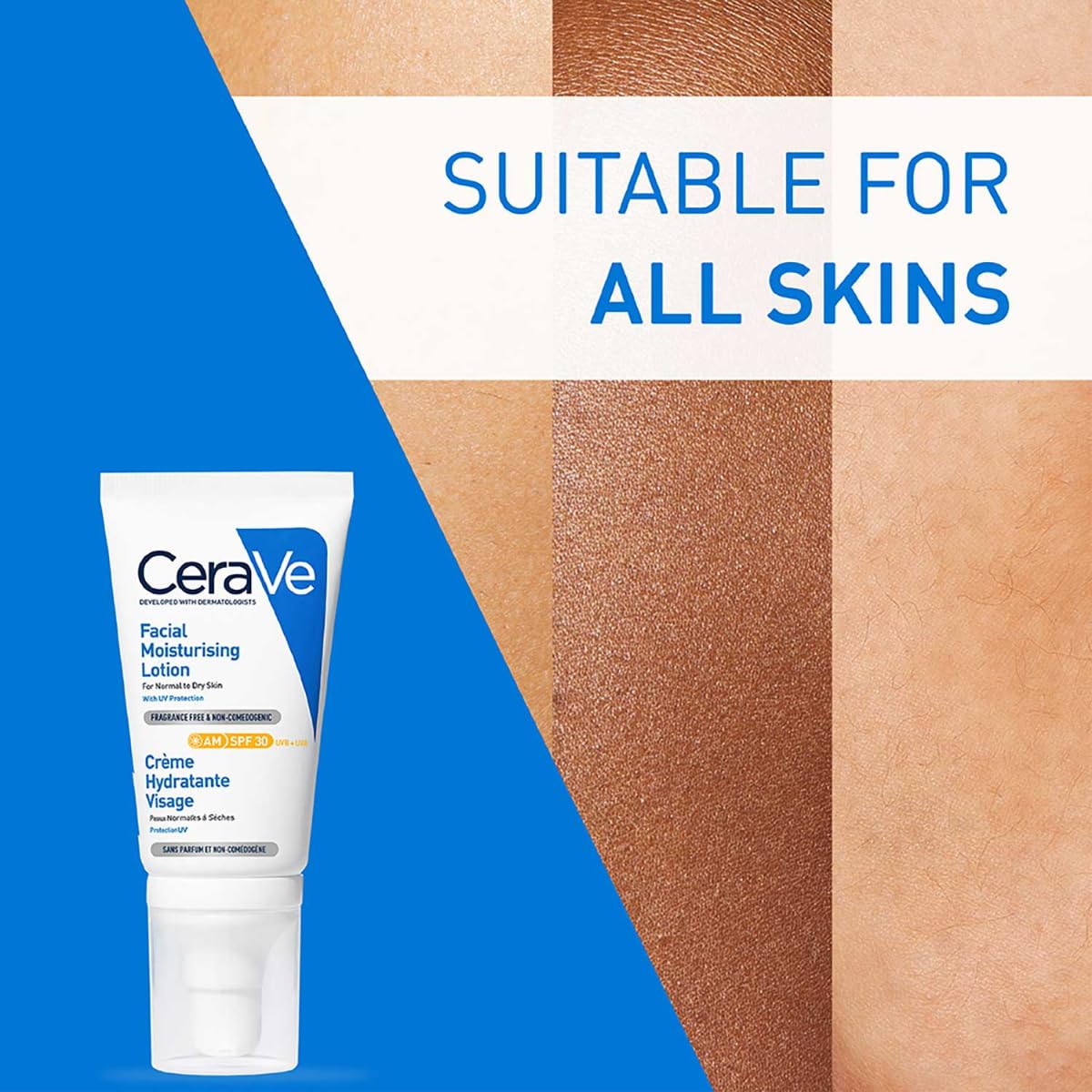 CeraVe facial moisturizing lotion with skin color swatches and 'Suitable for all skins' text