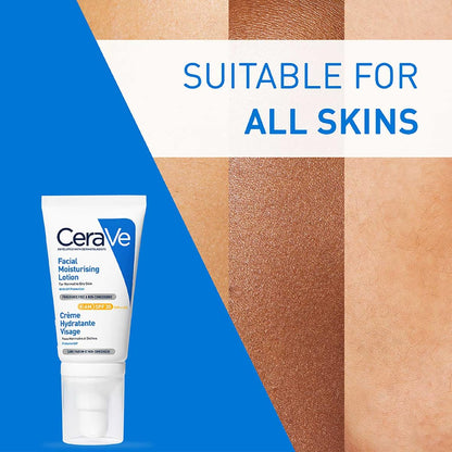 CeraVe facial moisturizing lotion with skin color swatches and 'Suitable for all skins' text