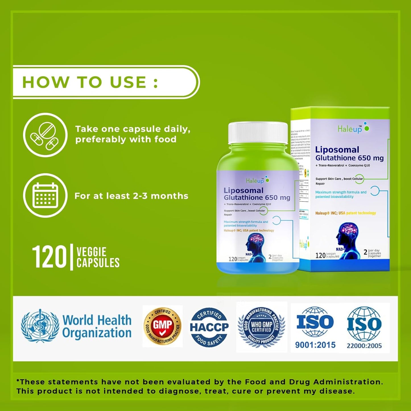 Haleup USA 99% Glutathione with Resveratrol| For Healthy Ageing | Autophagy| Cell Renewal | Immunity| Skin and Hair | Cognitive Support (1 Pack X 120s count)