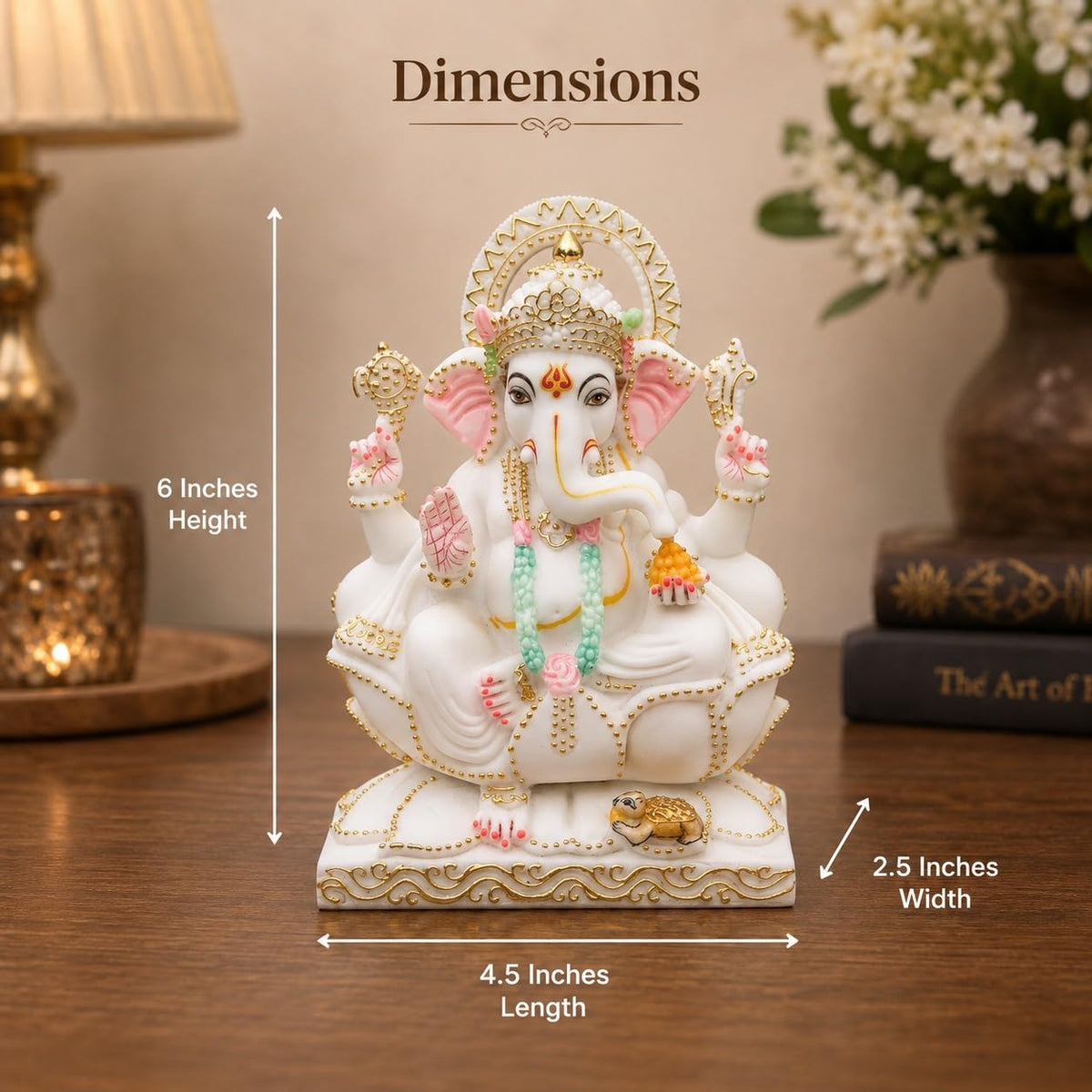 White Marble Dust Ganesh Idol 6 Inch – White Ganpati Bappa Murti for Home Temple, Living Room, Office Decor & Spiritual Gift