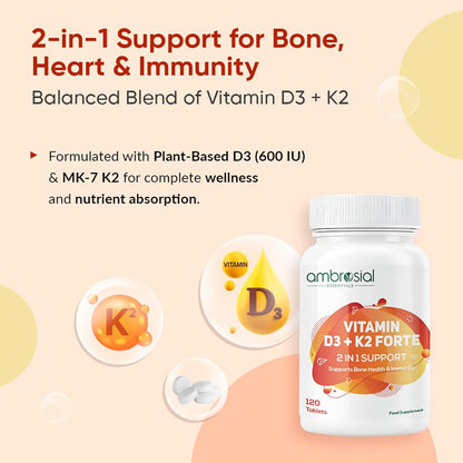Ambrosial Vitamin D3 + K2 Forte supplement bottle with text about bone, heart, and immunity support on a beige background.
