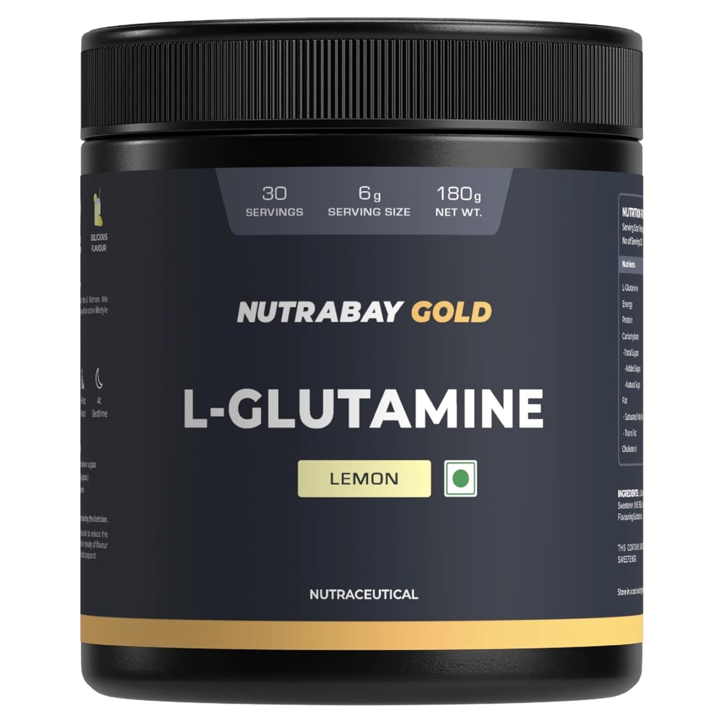 NUTRABAY GOLD L-Glutamine supplement container with black lid and label.
