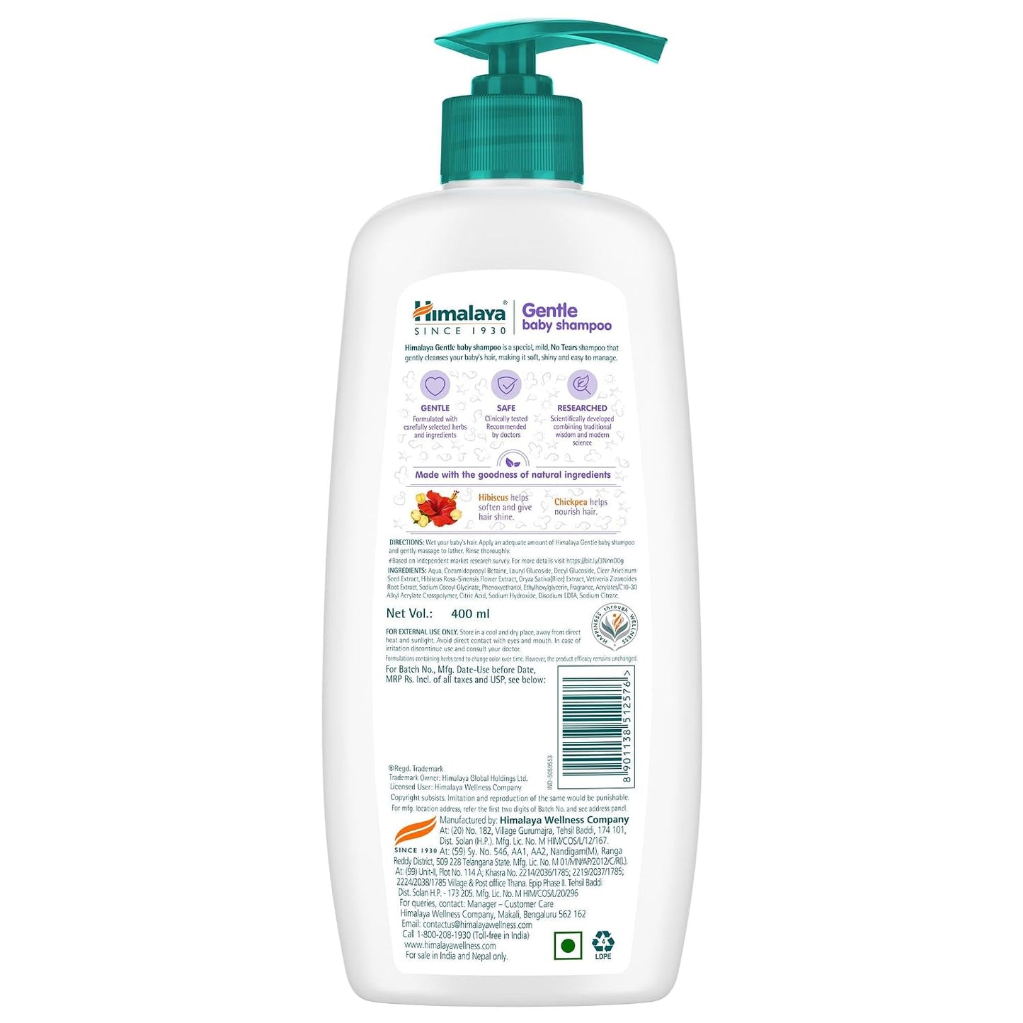 Himalaya Gentle Baby Shampoo 400ml | No Tears Formula | Mild & Safe Daily Cleanser | Gently Cleanses, Softens & Nourishes Baby’s Hair | Soap-Free & pH Balanced
