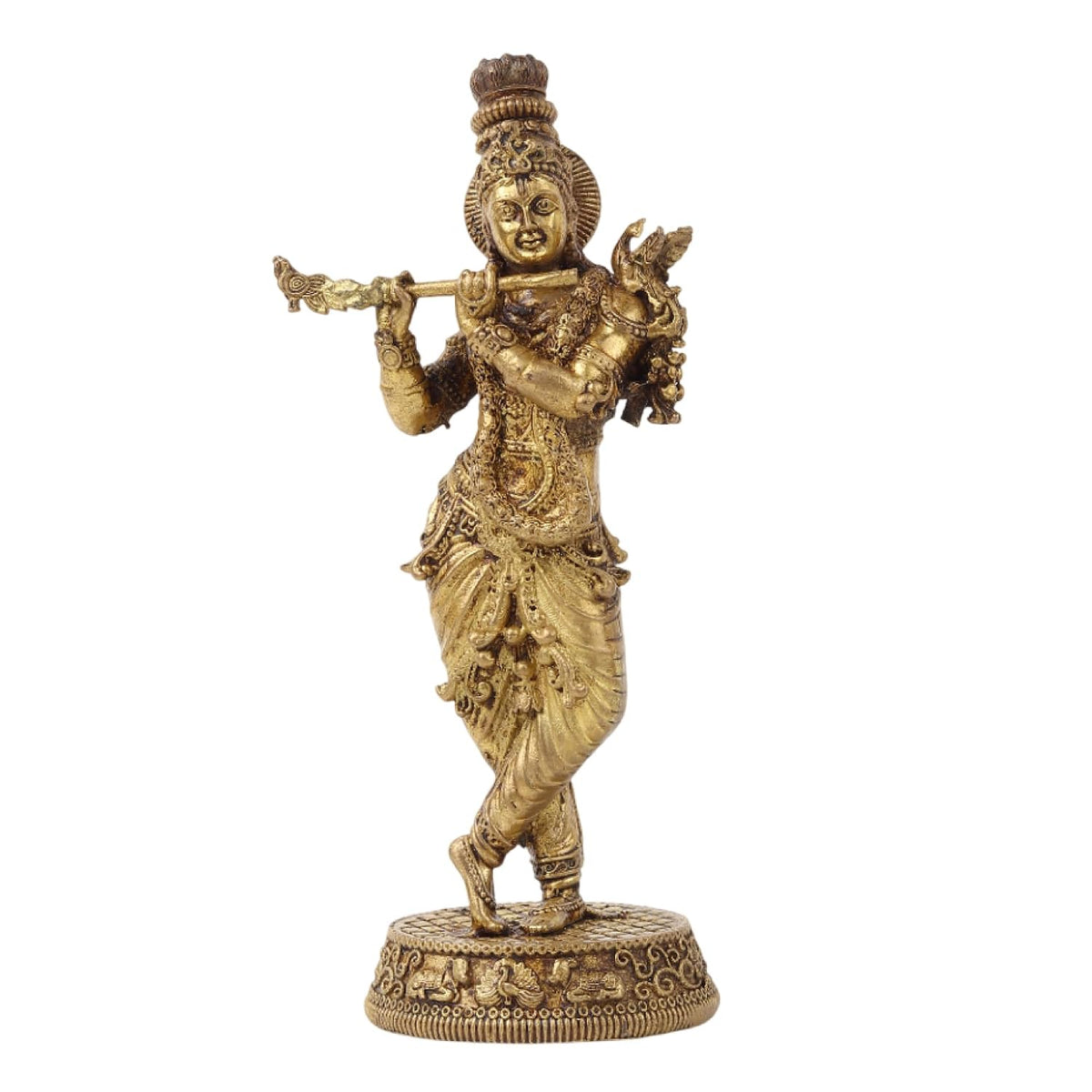 Handcrafted Brass Krishna Murti | Divine Flute-Playing Lord Krishna Idol for Home Temple & Spiritual Decor (Design03: L6 x W4 x H13 cm)