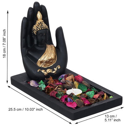 eCraftIndia Black Golden Resin Palm Buddha Idol Showpiece Potpourri Tea Light Candle Holder| Lord Buddha Statue Tea Light Holder| Diwali Decoration Items for Home Decor| Gift for Diwali Housewarming