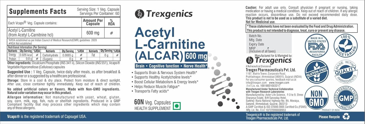 Supplement label for Acetyl L-Carnitine (ALCAR) 600 mg by Trexgenics with various certification logos.