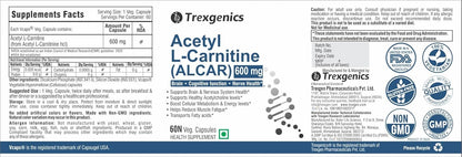 Supplement label for Acetyl L-Carnitine (ALCAR) 600 mg by Trexgenics with various certification logos.