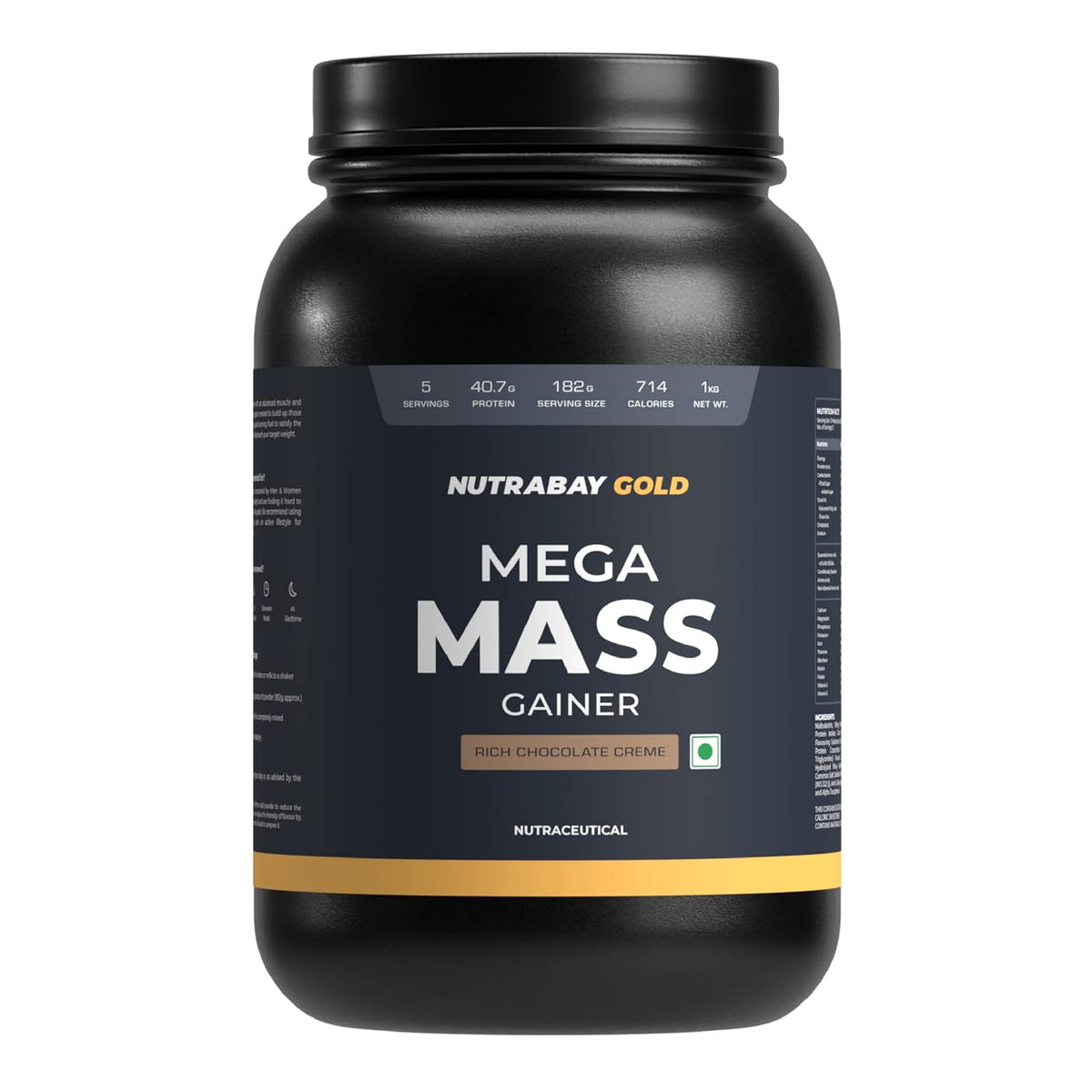 Black container of Nutrabay Gold Mega Mass Gainer on a white background