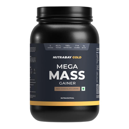 Black container of Nutrabay Gold Mega Mass Gainer on a white background