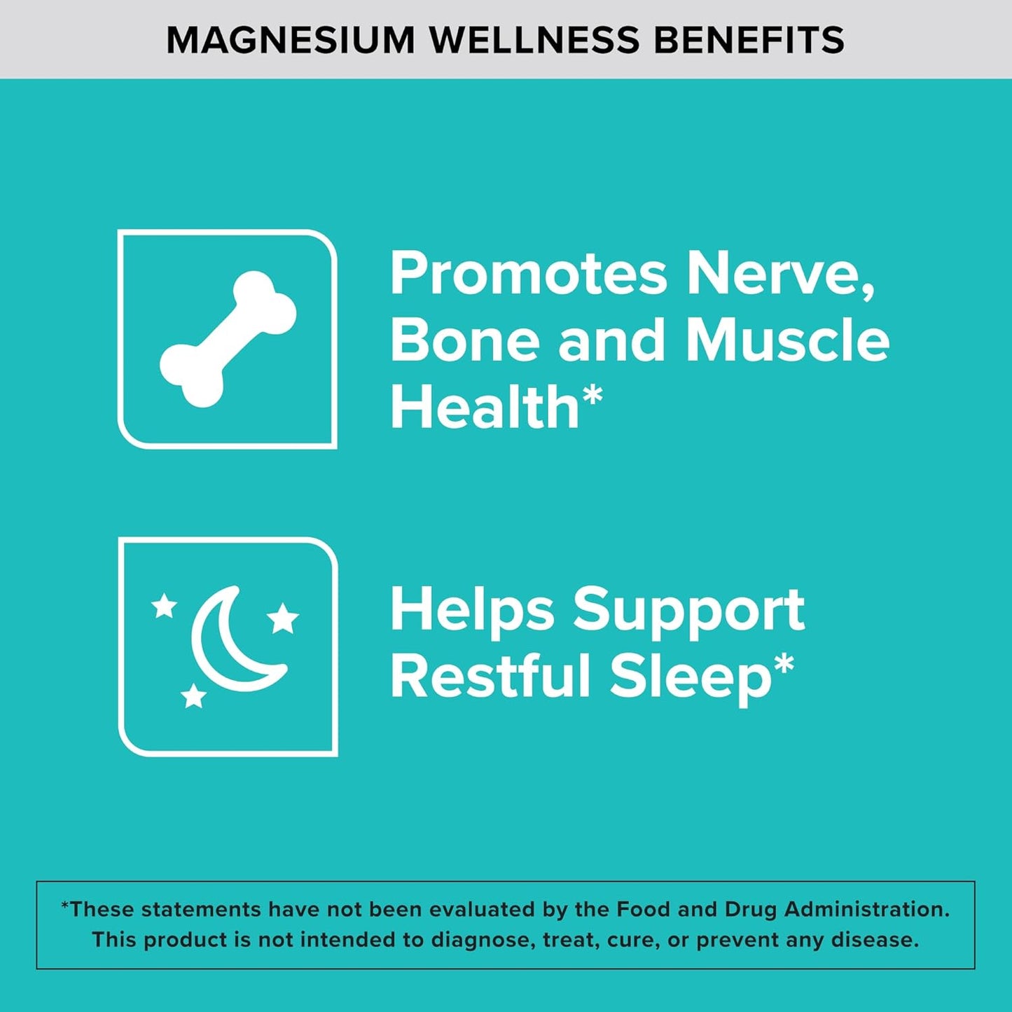 Magnesium wellness benefits on a teal background with text and icons.