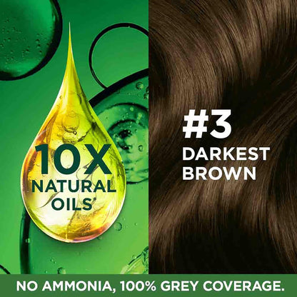 Hair color product with oil droplet graphic and darkest brown hair color swatch.